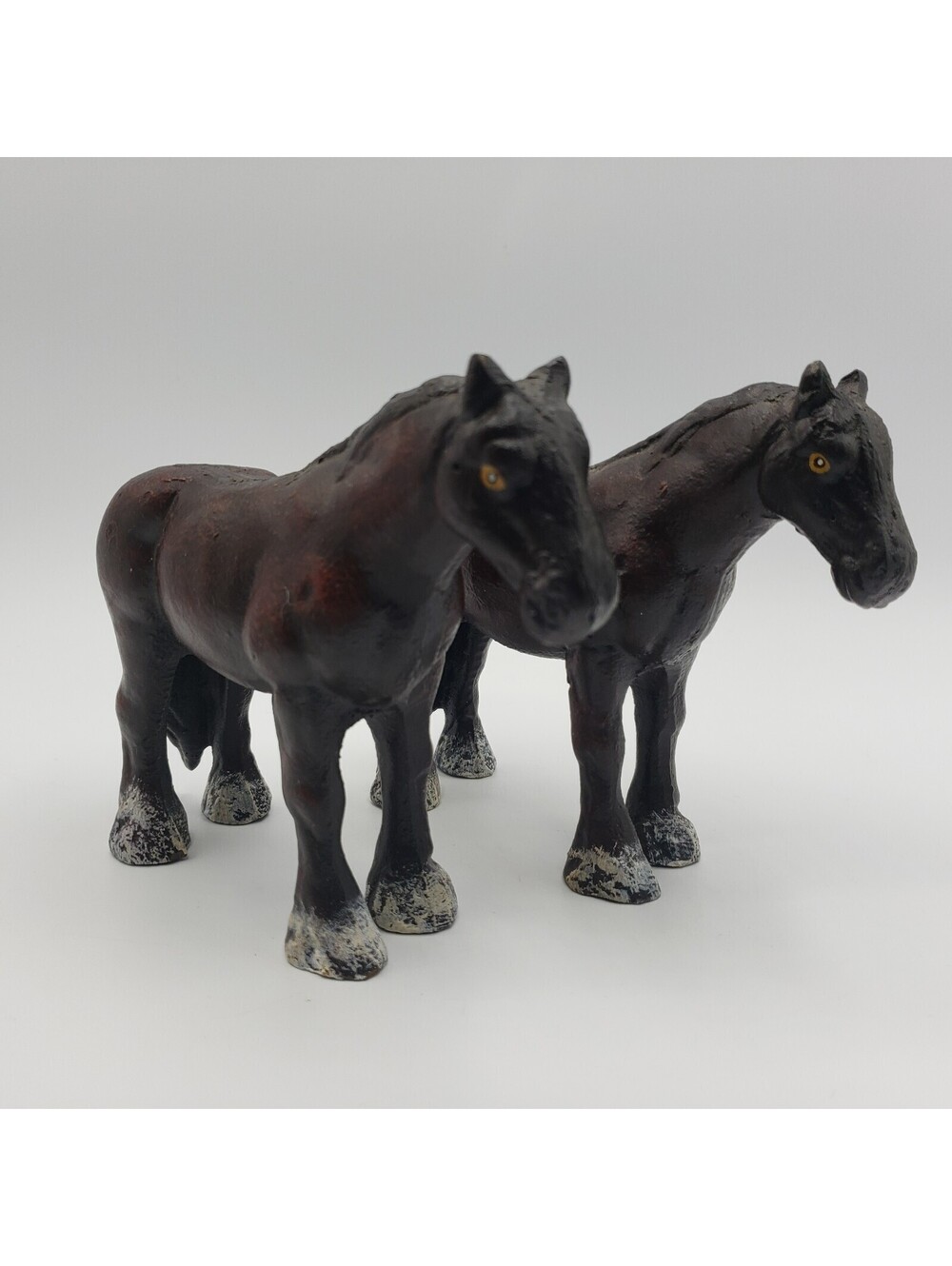2 Cast Iron Shire Horses Figurines Doorstop Metal White Socks Painted Eyes